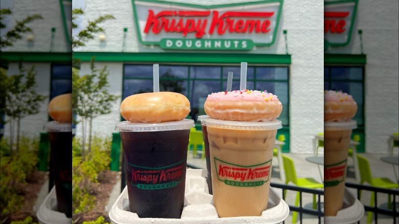 iced coffees with donuts