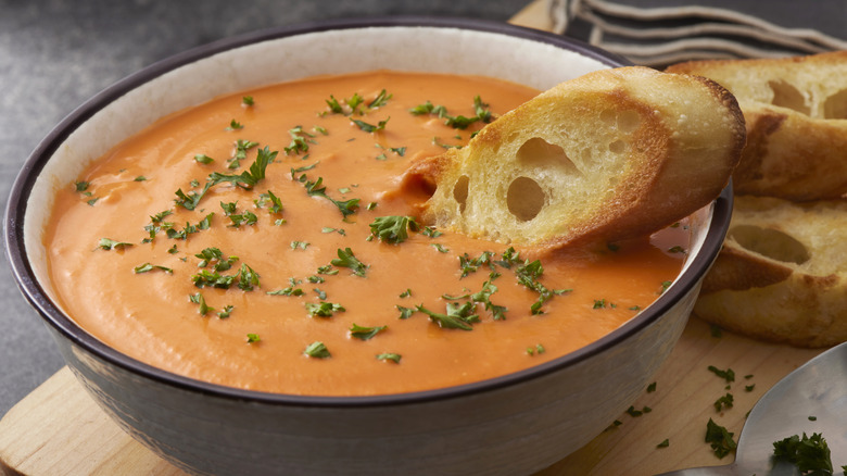 Bowl of tomato soup with hunks of bread