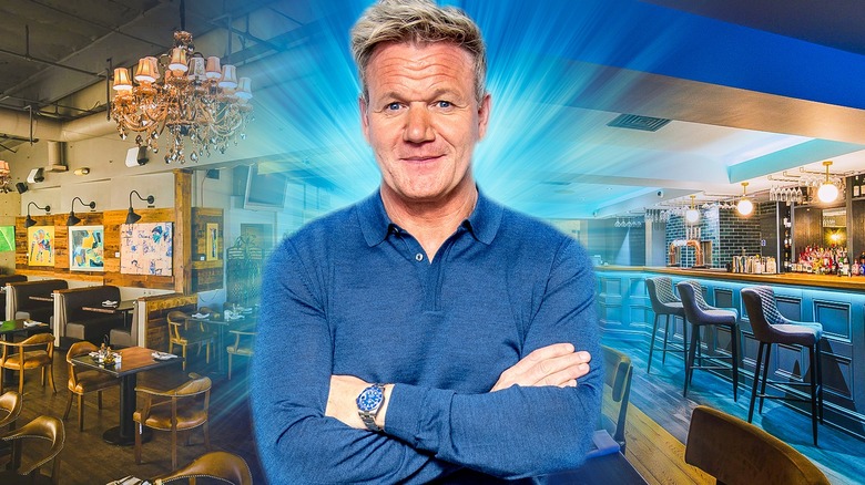 Gordon Ramsay with restaurants in the background