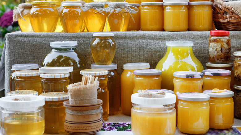 Honey display at a farmers' market