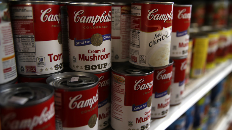 A shelf of Campbell's soup