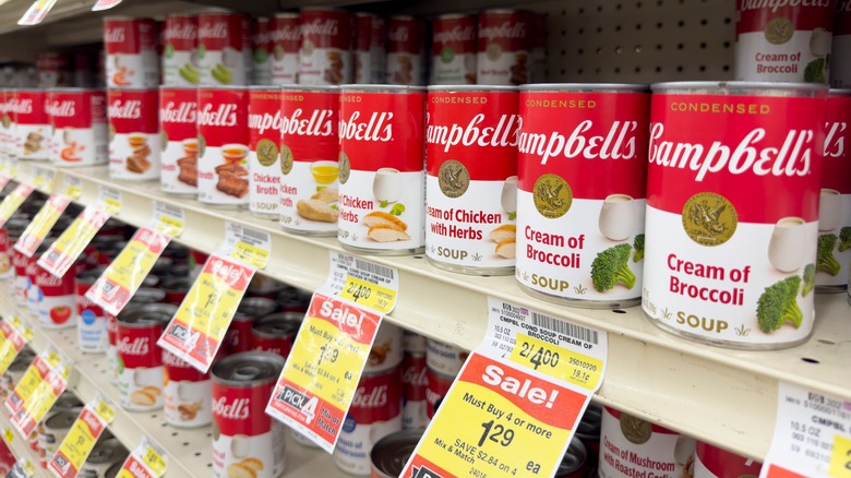 A shelf of Campbell's soups