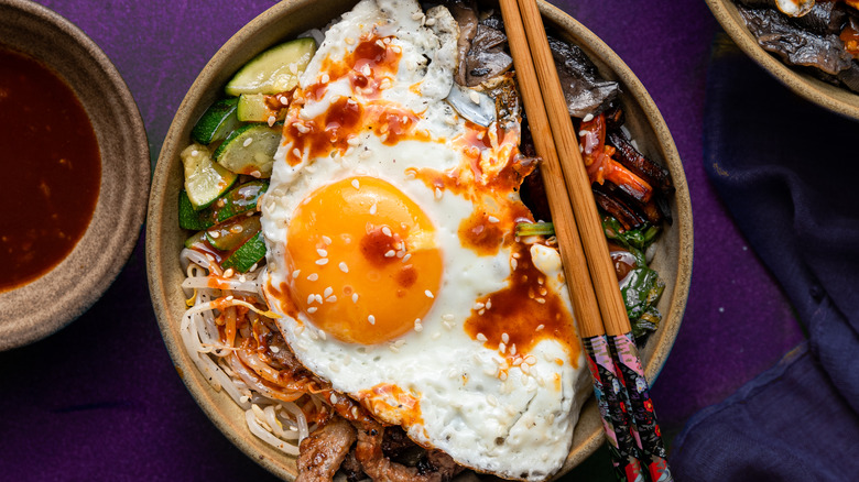 fried egg on noodle dish