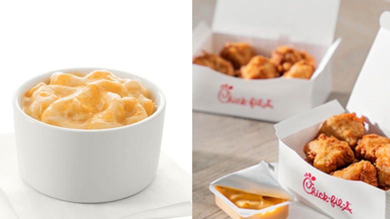 split image of Chick-fil-A mac and cheese and chicken nuggets