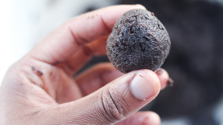 Close up of a wooden spoon as it mixes cream cheese and ground up Oreos