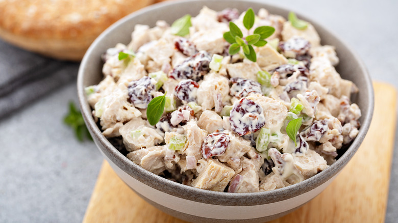 bowl of chicken salad with cranberries