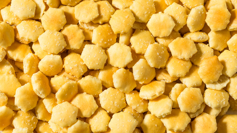 close up of a pile of oyster crackers