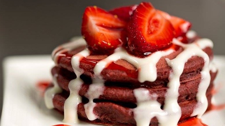 Red velvet pancakes with strawberries
