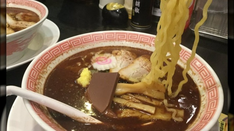 A bowl of chocolate ramen