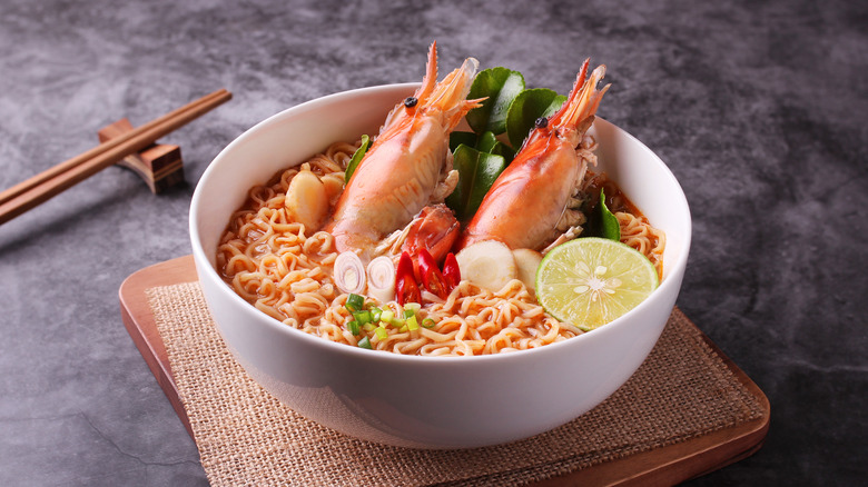 Bowl of noodles with seafood
