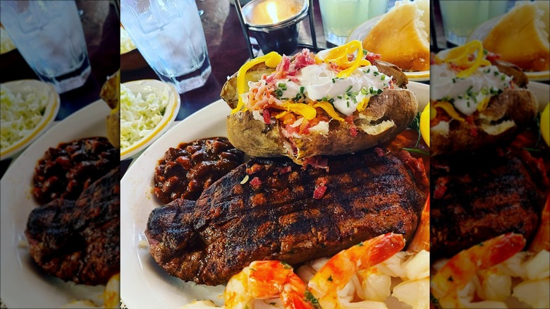 steak with potato and shrimp