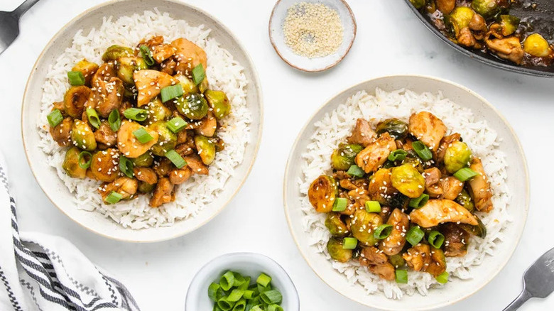 chicken and Brussels sprouts over rice