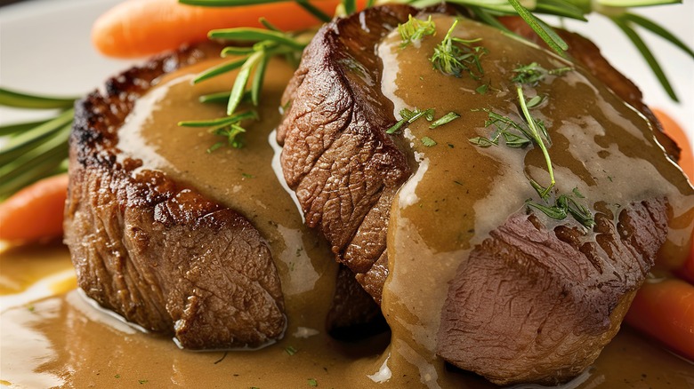 beef steaks with gravy and veg