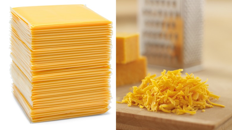 American cheese slices and grated Cheddar