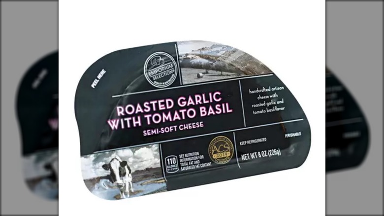 Package of roasted garlic semi-soft cheese