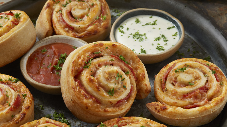 Pepperoni rolls with dipping sauces