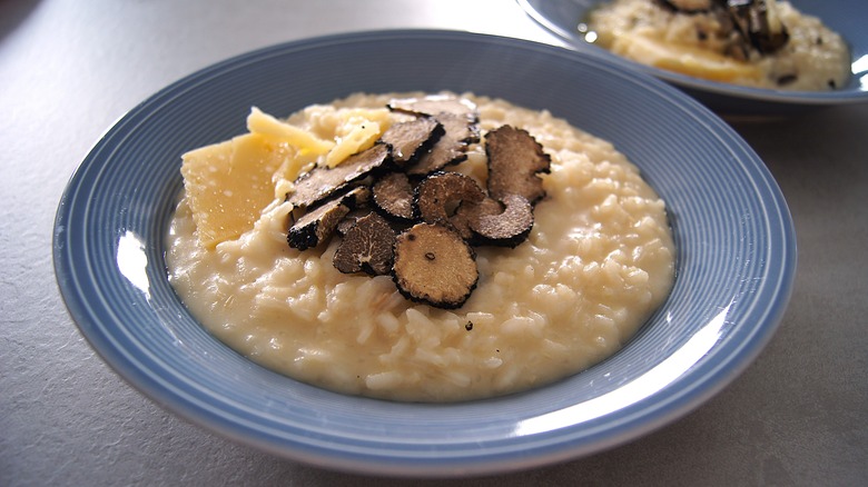 Truffle risotto in a blue dish