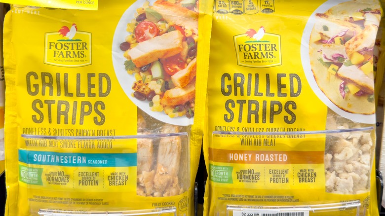 Bags of Foster Farms frozen grilled strips of chicken