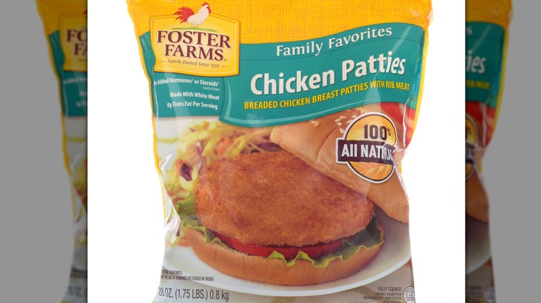 Bag of Foster Farms frozen chicken patties