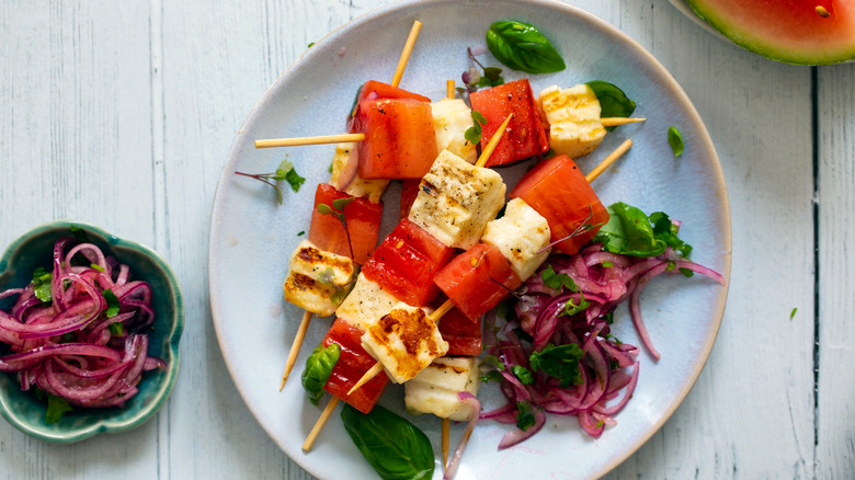 Watermelon and halloumi cheese skewers