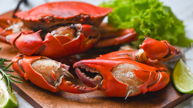 Crab on a wooden board