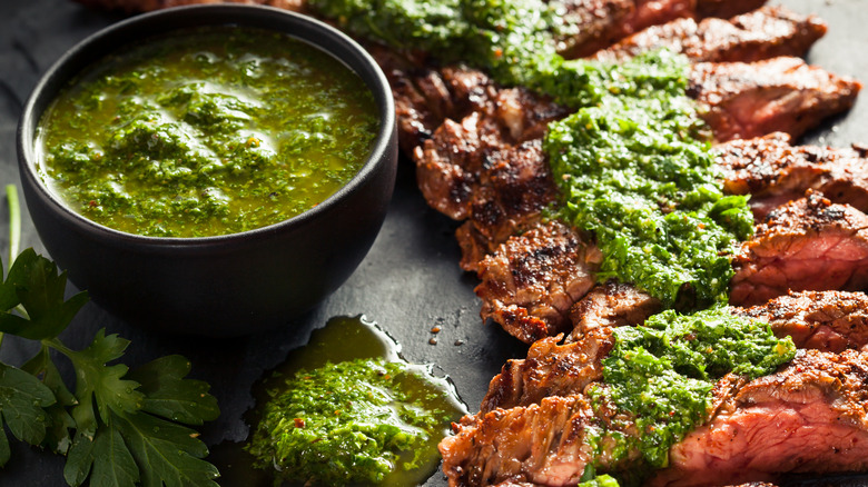 chimichurri sauce on meat