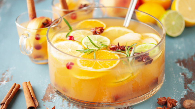 punch bowl with citrus mulled cider