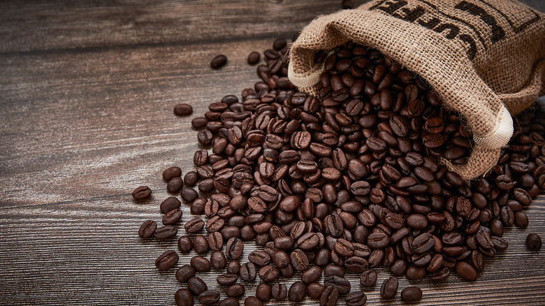 Coffee beans in burlap sack