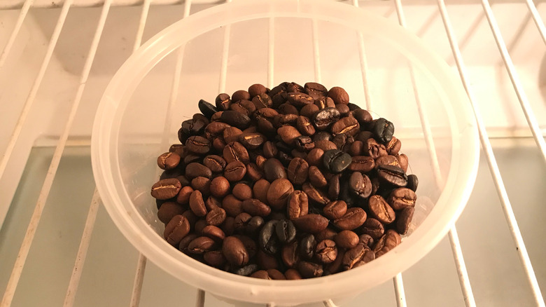 Coffee beans in refrigerator