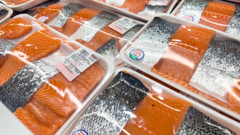 Packets of salmon on display in Costco