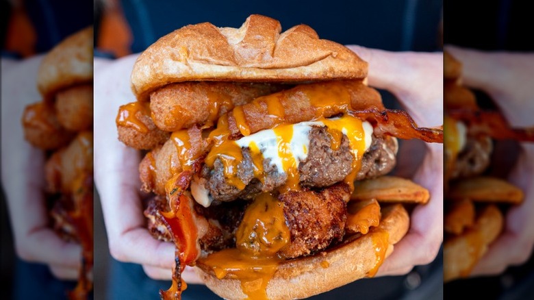 Stuffed burger smothered in sauce