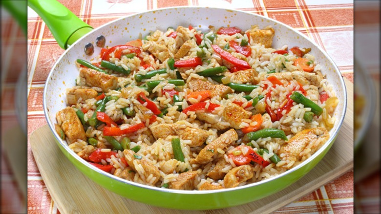 chicken fried rice in skillet