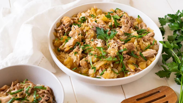 Meat with sauerkraut in a bowl