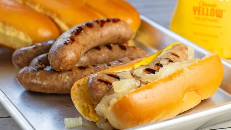 Bradwurst in hot dog buns with sauerkraut and mustard