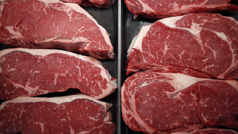 Rows of raw ribeye steaks