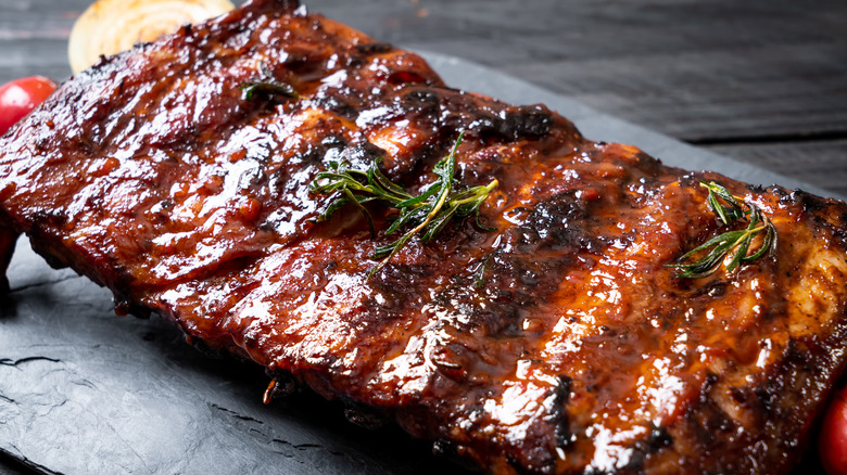 Rack of grilled and sauced ribs