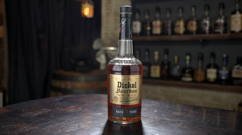 Dickel bourbon bottle on bar