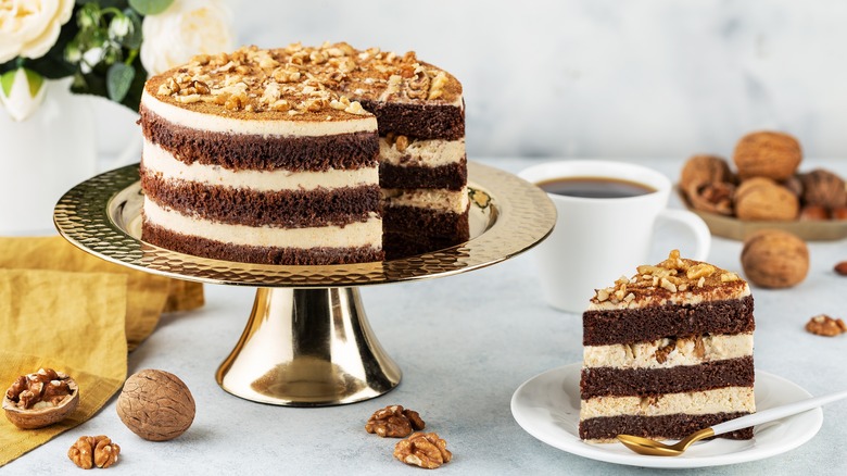 coffee and walnut cake on stand