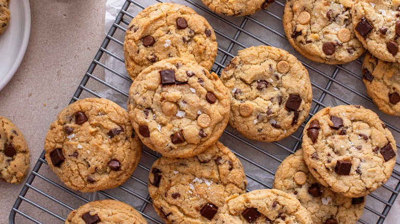 chocolate chip cookies cooling on rack