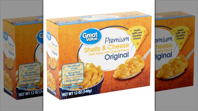 Box of Great Value shells and cheese pasta