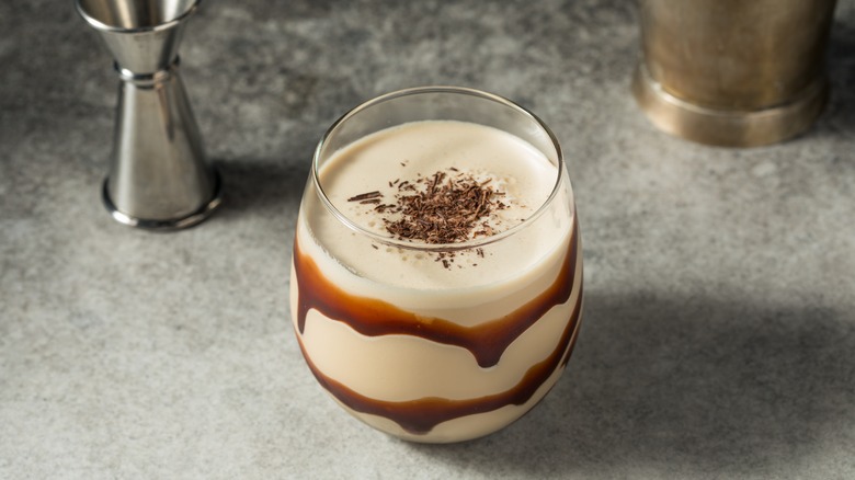 Mudslide cocktail garnished with chocolate