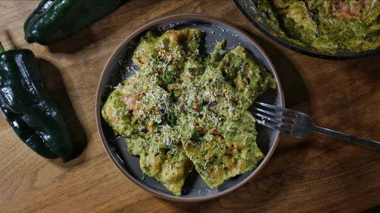 chicken and chorizo ravioli with poblano cream