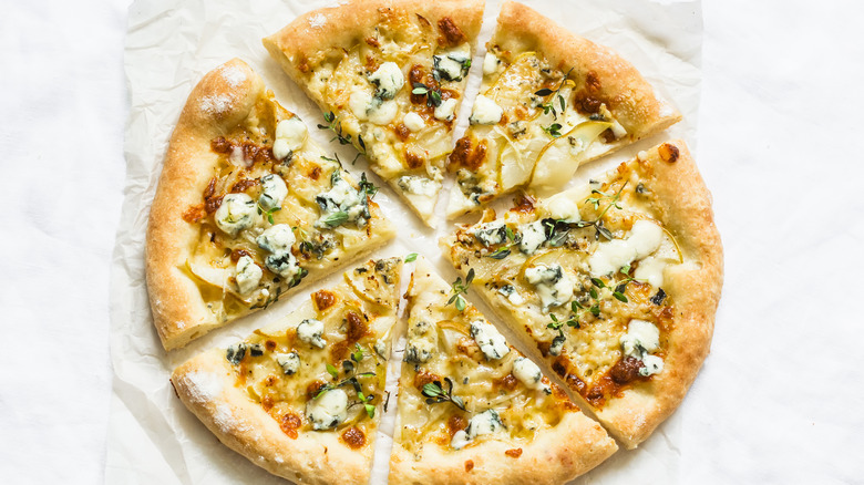 blue cheese, thyme, pear pizza