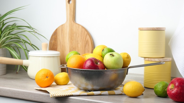 colander used as fruit bowl