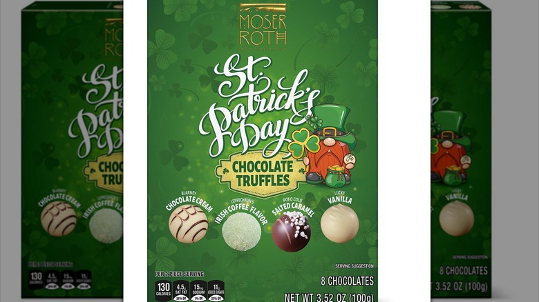 Box of Moser Roth St. Patrick's Day chocolate truffles with leprechaun