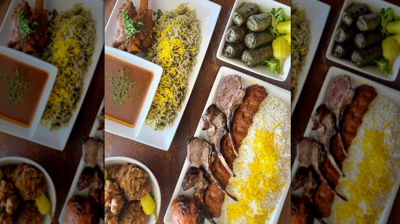 Platters rice and lamb chops with dolmas