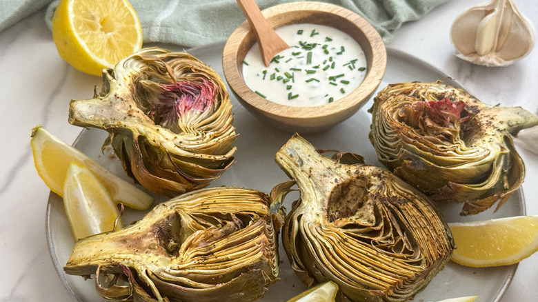 air fried artichoke halves with creamy dip