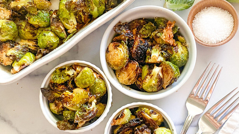 bowl of air fried Parmesan Brussels sprouts