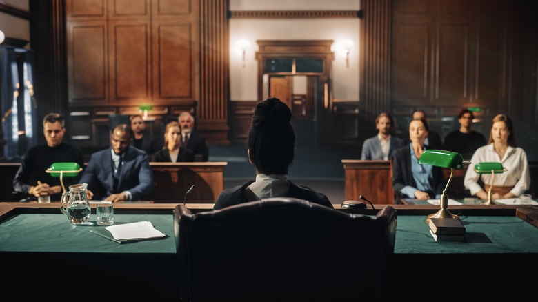 Courtroom of people viewed from behind the judge