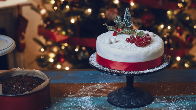 Iced Christmas cake on stand